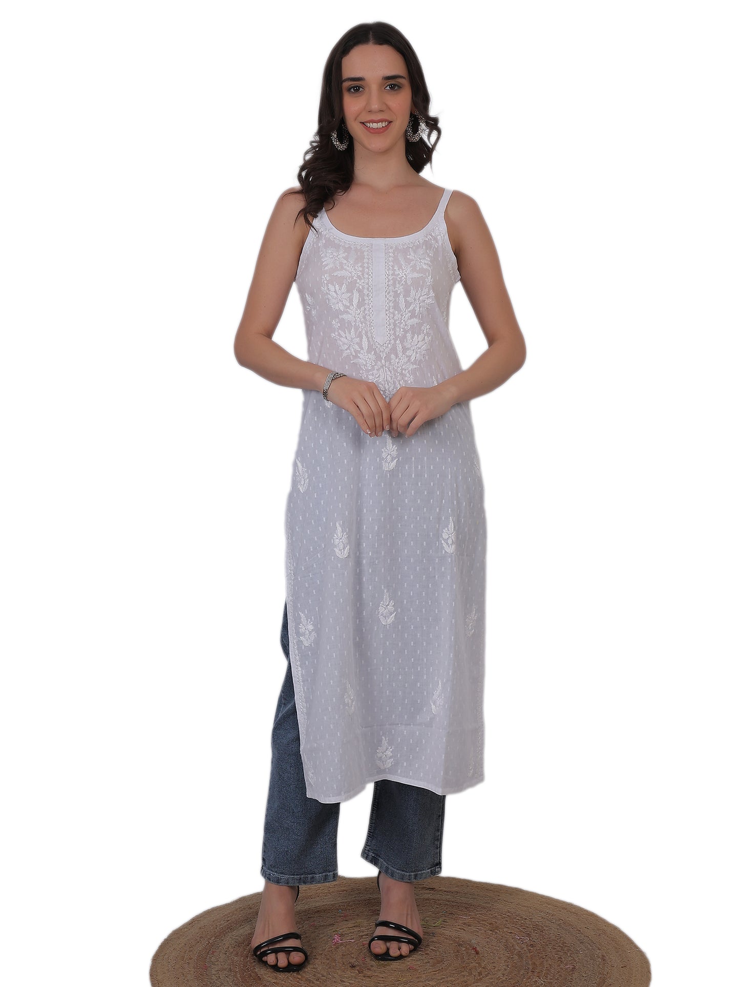 Shop sea green pure cotton dobby Chikankari straight kurti with authentic Lucknowi hand embroidery. Soft, breathable and perfect for summer wear.