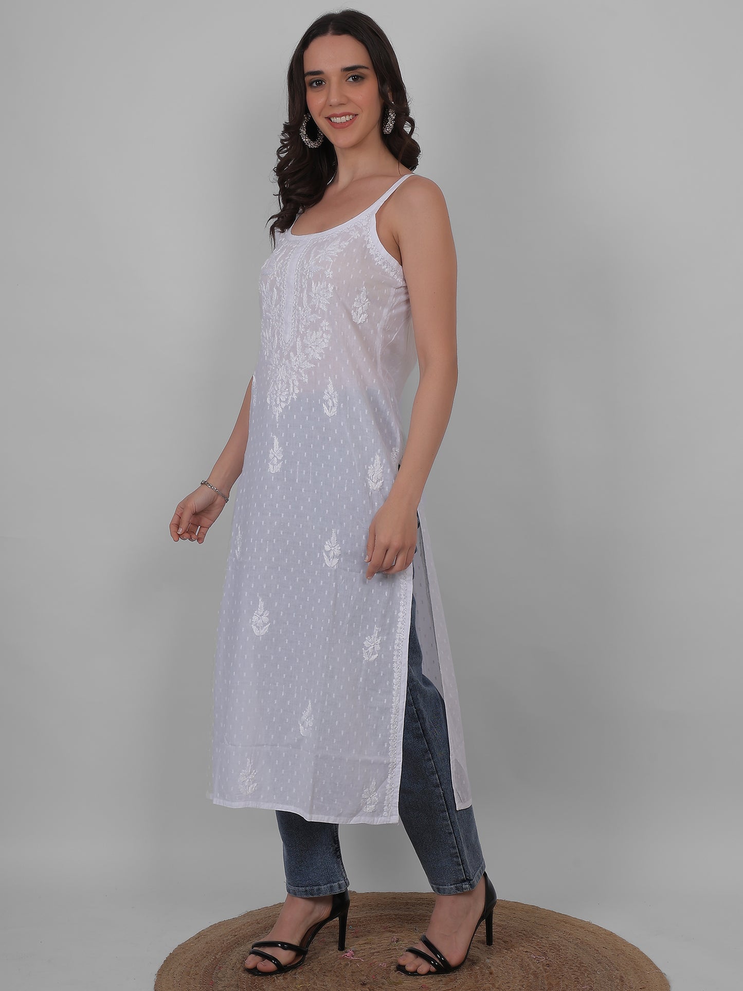 Shop sea green pure cotton dobby Chikankari straight kurti with authentic Lucknowi hand embroidery. Soft, breathable and perfect for summer wear.