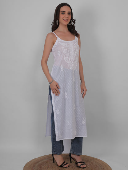 Shop sea green pure cotton dobby Chikankari straight kurti with authentic Lucknowi hand embroidery. Soft, breathable and perfect for summer wear.