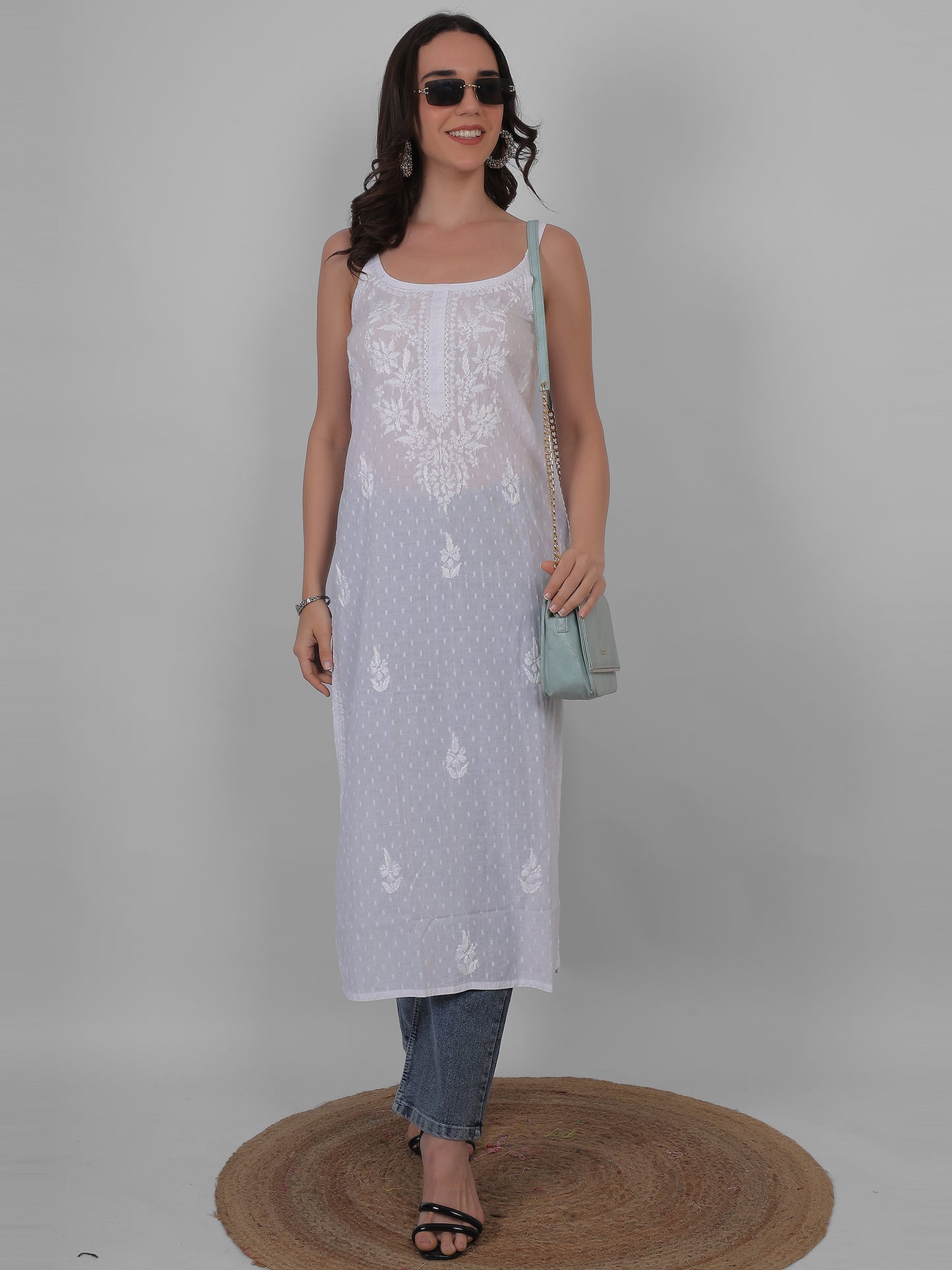 Shop sea green pure cotton dobby Chikankari straight kurti with authentic Lucknowi hand embroidery. Soft, breathable and perfect for summer wear.