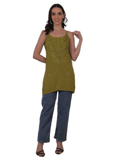 Modal Chikankari Hand Embroidered Noodle Strap Kurti for Women Red, Aqua Blue, Baby Pink, Olive Green & Coral Pink.