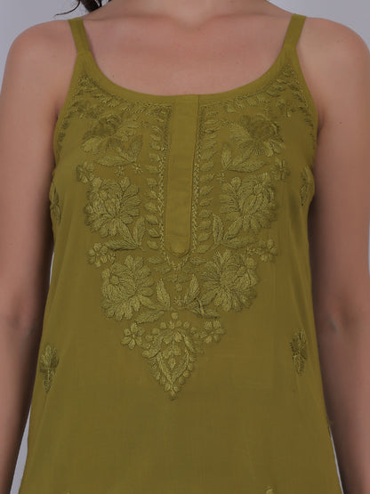 Modal Chikankari Hand Embroidered Noodle Strap Kurti for Women Red, Aqua Blue, Baby Pink, Olive Green & Coral Pink.