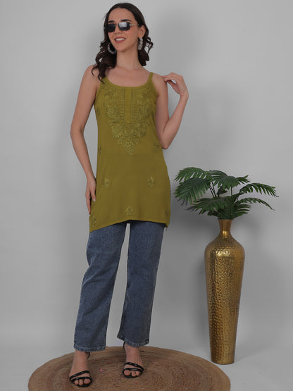 Modal Chikankari Hand Embroidered Noodle Strap Kurti for Women Red, Aqua Blue, Baby Pink, Olive Green & Coral Pink.