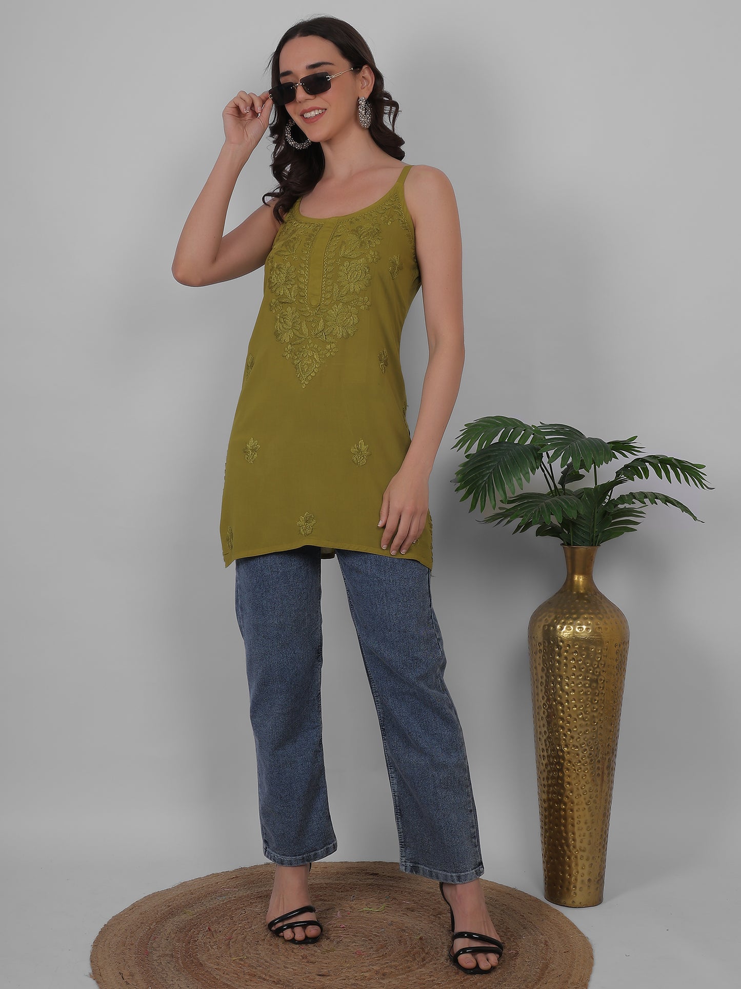 Modal Chikankari Hand Embroidered Noodle Strap Kurti for Women Red, Aqua Blue, Baby Pink, Olive Green & Coral Pink.