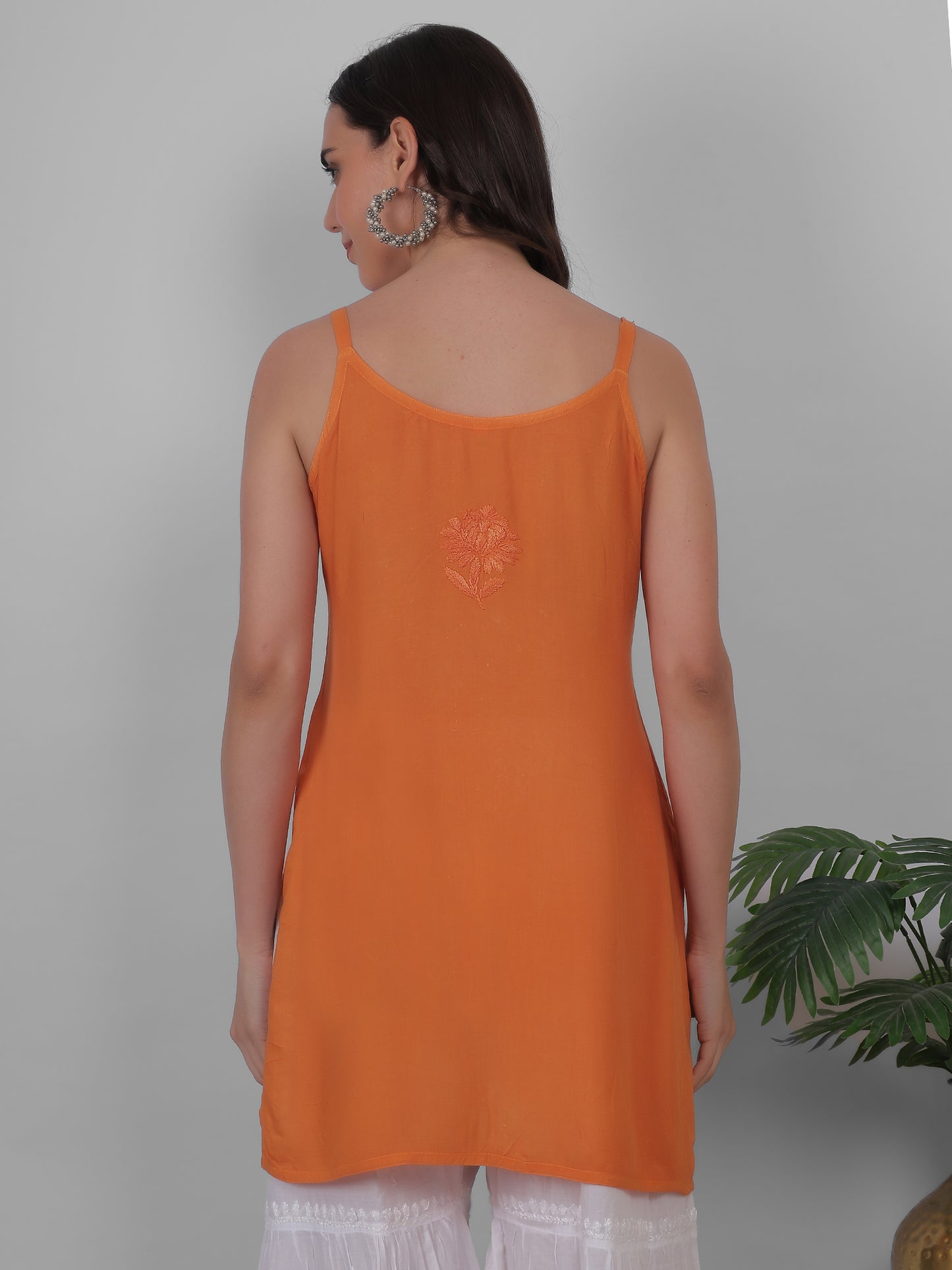 Modal Chikankari Hand Embroidered Noodle Strap Kurti for Women Red, Aqua Blue, Baby Pink, Olive Green & Coral Pink.