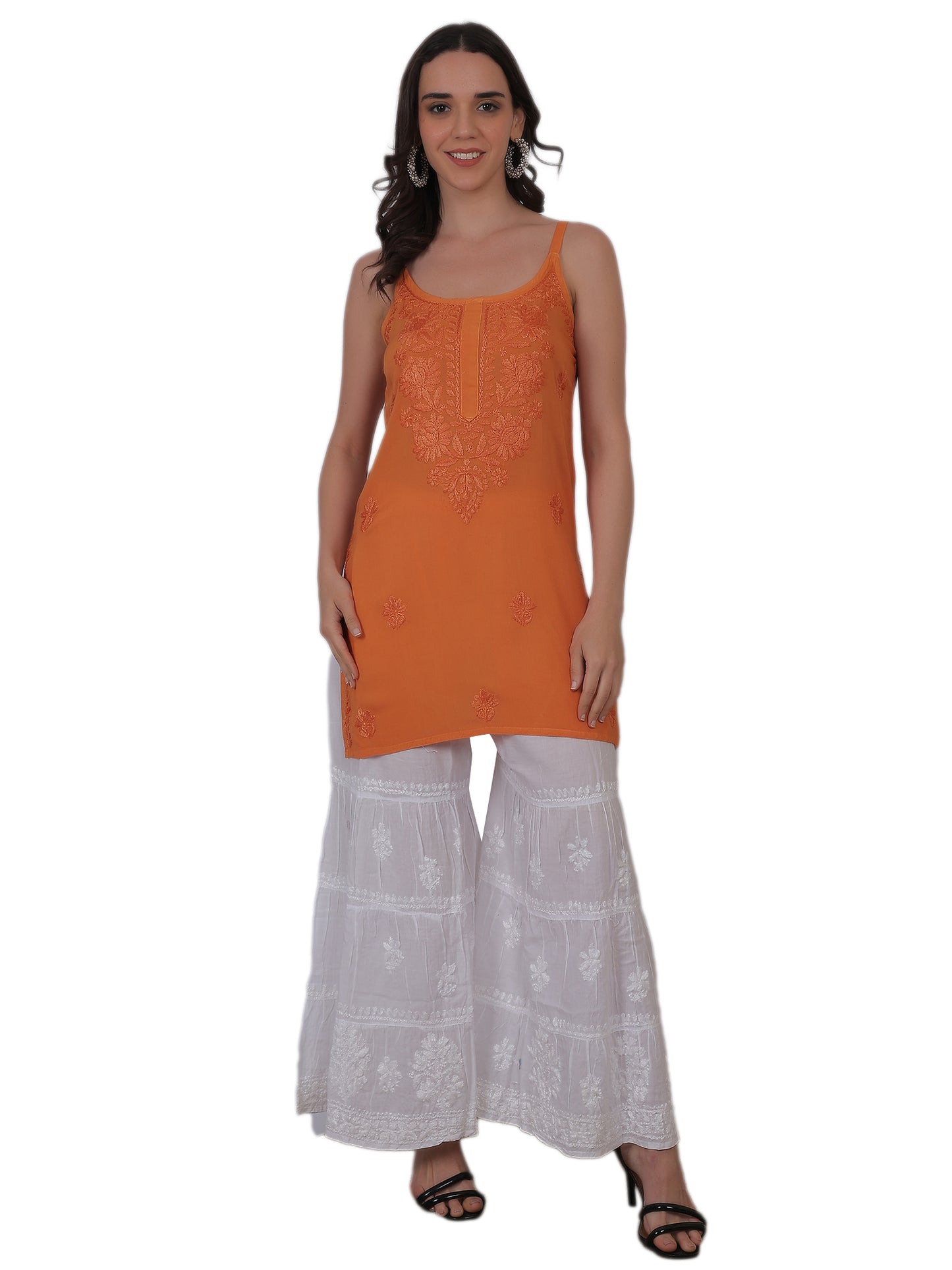 Modal Chikankari Hand Embroidered Noodle Strap Kurti for Women Red, Aqua Blue, Baby Pink, Olive Green & Coral Pink.