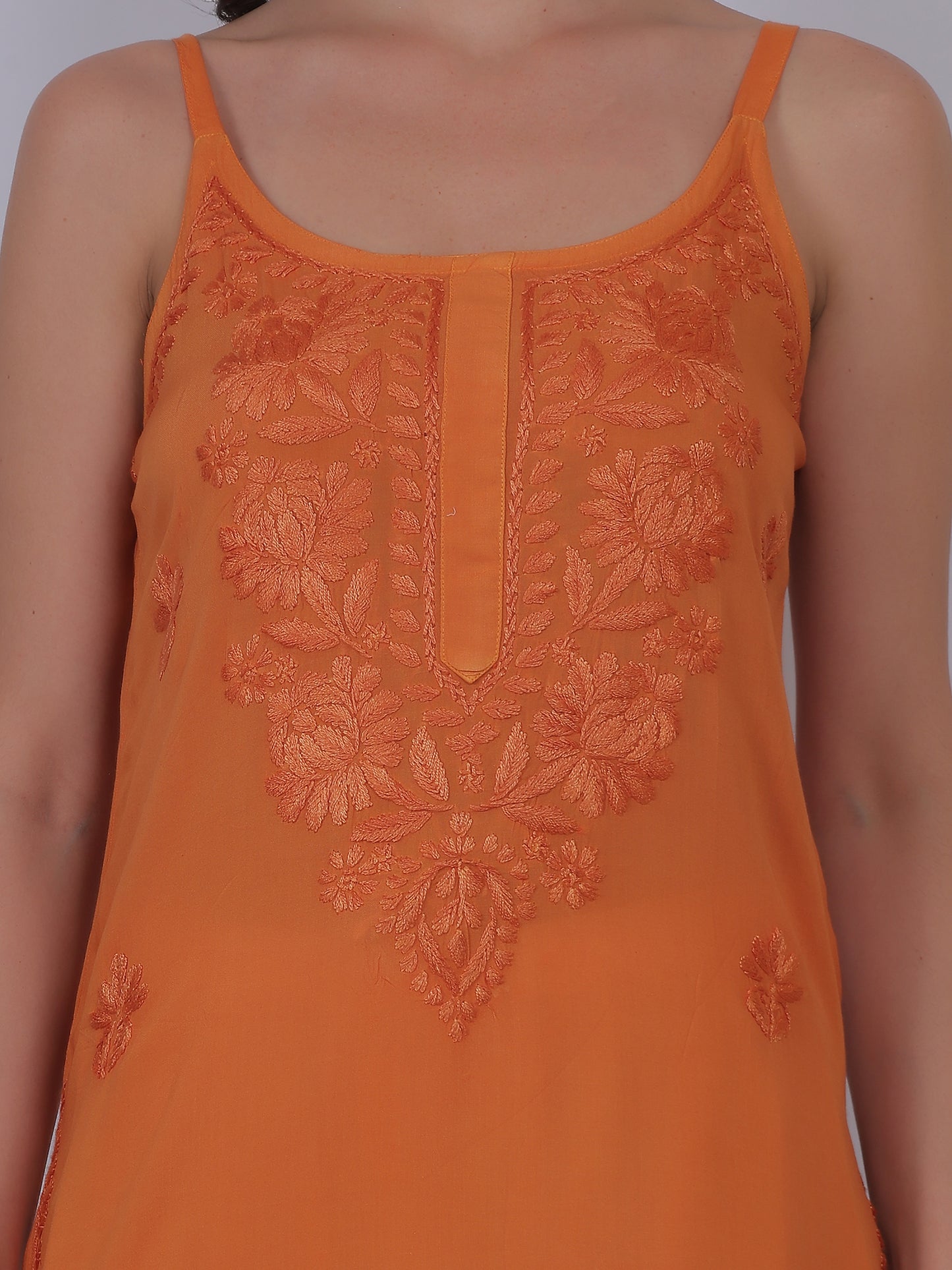 Modal Chikankari Hand Embroidered Noodle Strap Kurti for Women Red, Aqua Blue, Baby Pink, Olive Green & Coral Pink.