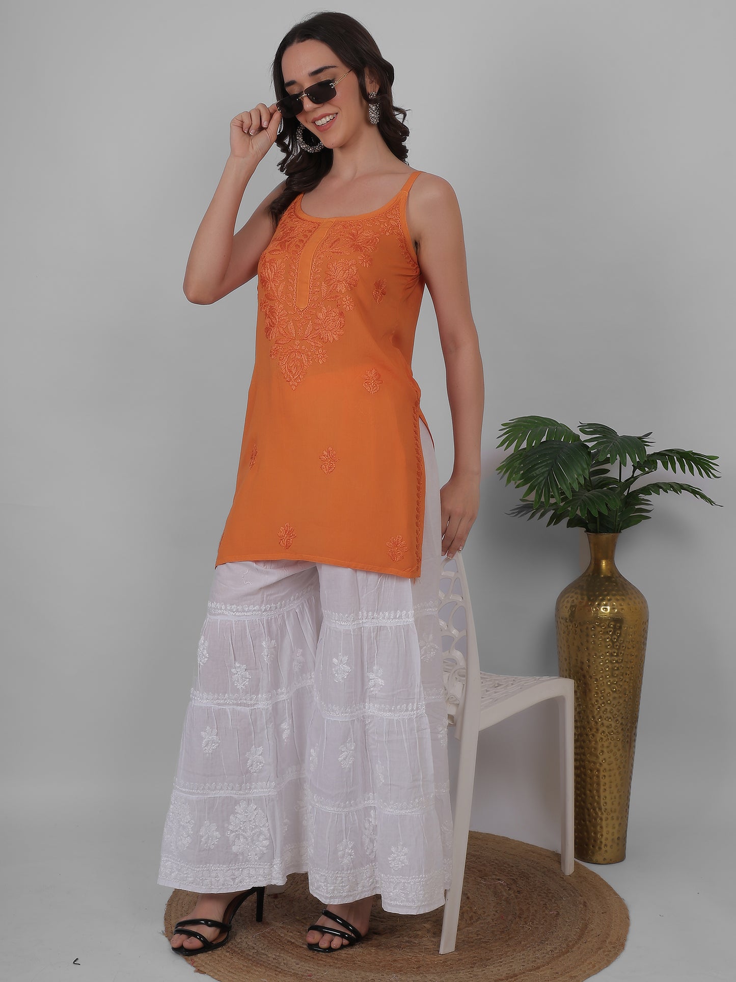 Modal Chikankari Hand Embroidered Noodle Strap Kurti for Women Red, Aqua Blue, Baby Pink, Olive Green & Coral Pink.