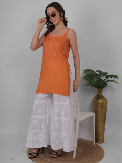 Modal Chikankari Hand Embroidered Noodle Strap Kurti for Women Red, Aqua Blue, Baby Pink, Olive Green & Coral Pink.