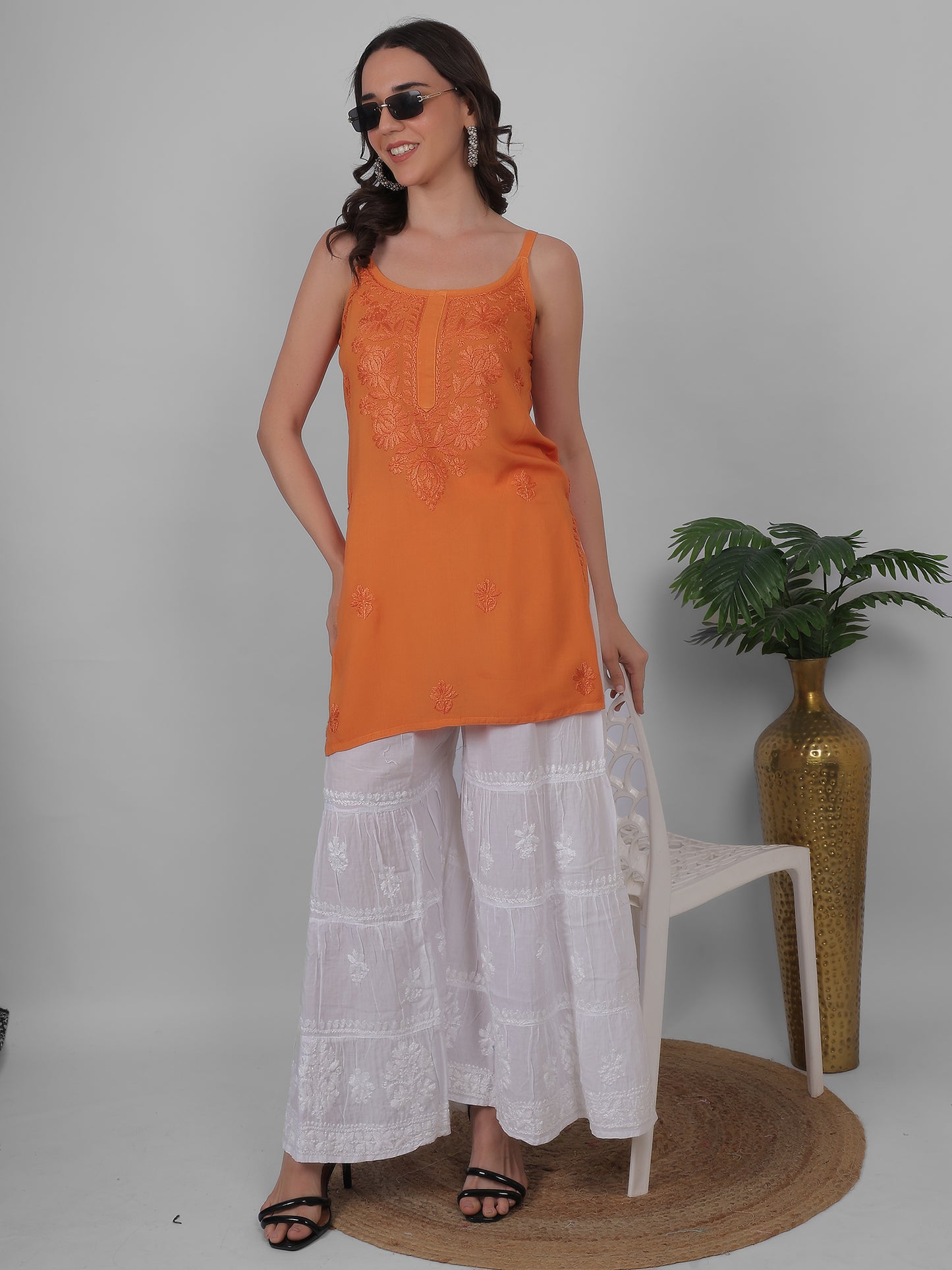 Modal Chikankari Hand Embroidered Noodle Strap Kurti for Women Red, Aqua Blue, Baby Pink, Olive Green & Coral Pink.