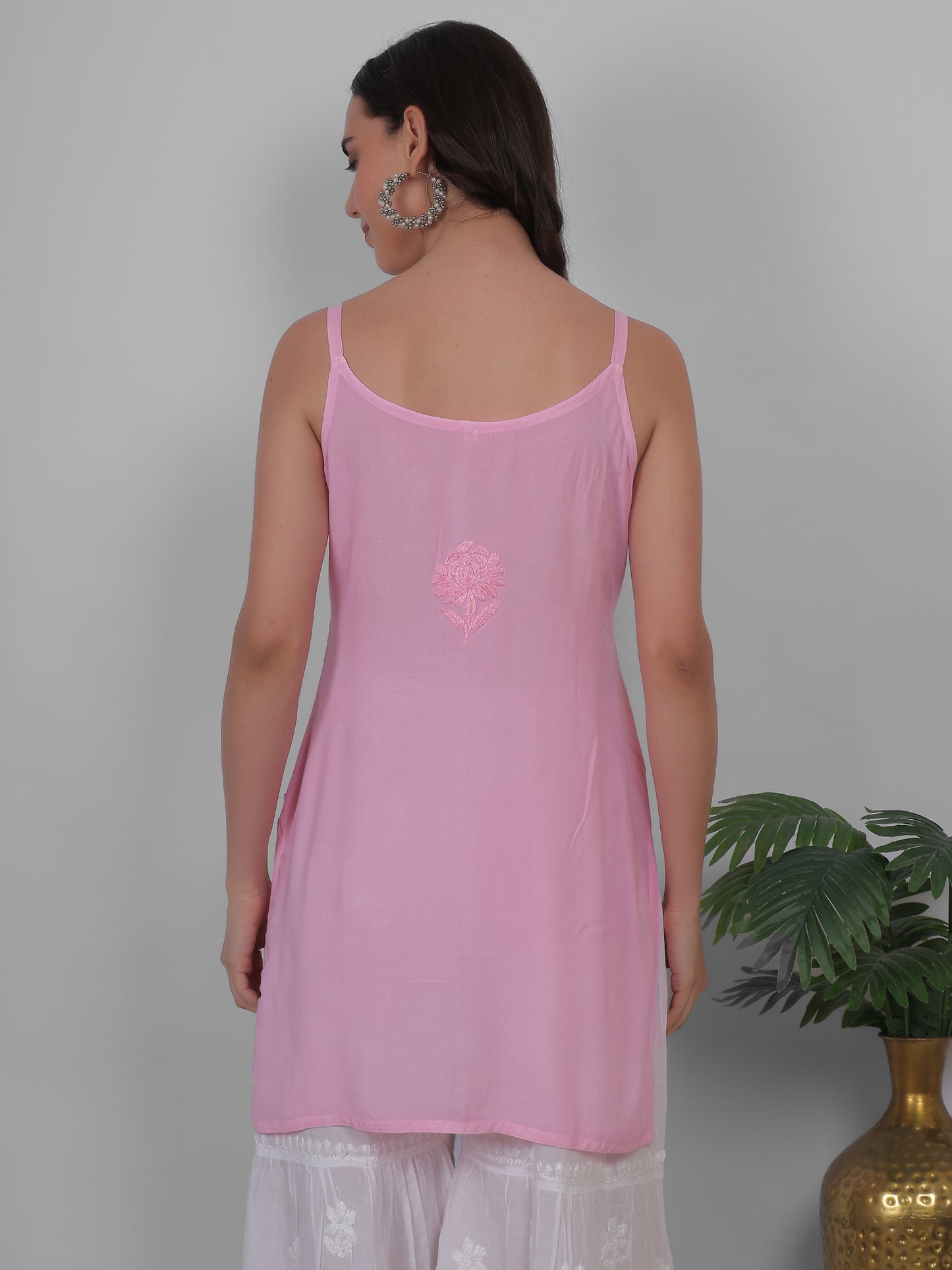 Modal Chikankari Hand Embroidered Noodle Strap Kurti for Women Red, Aqua Blue, Baby Pink, Olive Green & Coral Pink.