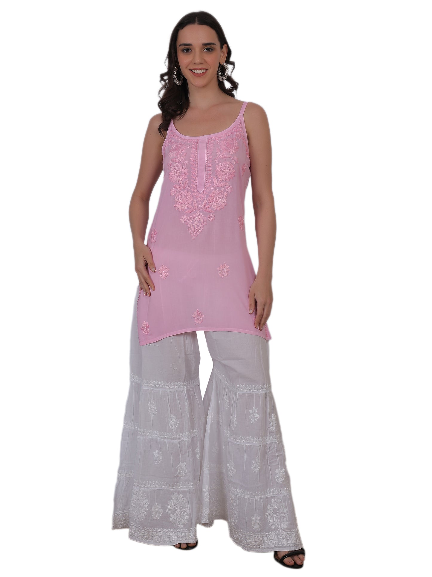Modal Chikankari Hand Embroidered Noodle Strap Kurti for Women Red, Aqua Blue, Baby Pink, Olive Green & Coral Pink.