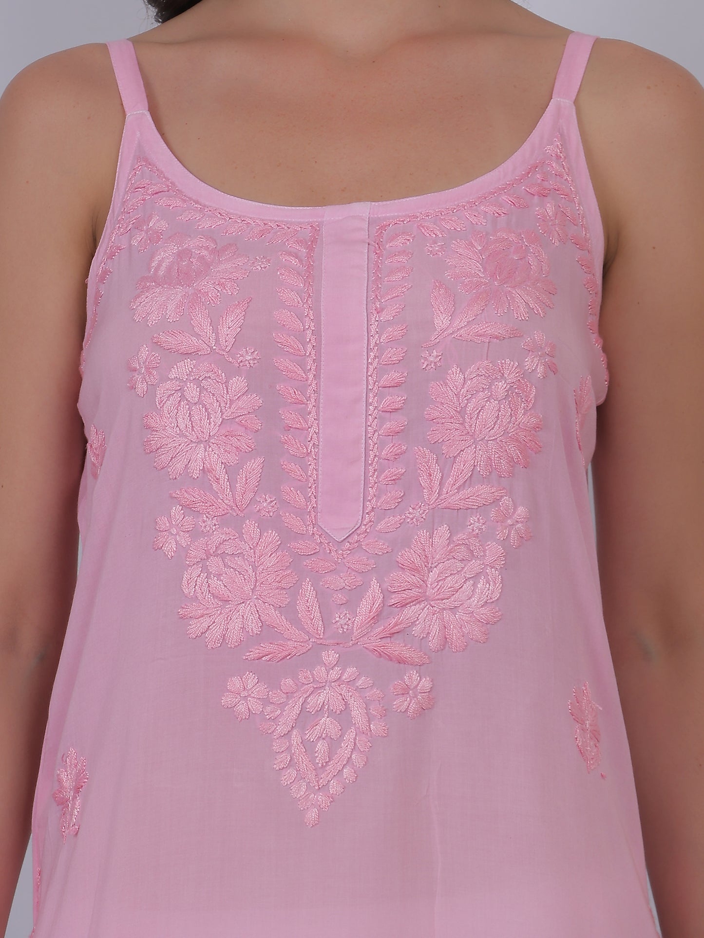 Modal Chikankari Hand Embroidered Noodle Strap Kurti for Women Red, Aqua Blue, Baby Pink, Olive Green & Coral Pink.