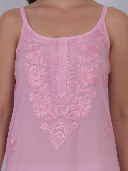 Modal Chikankari Hand Embroidered Noodle Strap Kurti for Women Red, Aqua Blue, Baby Pink, Olive Green & Coral Pink.