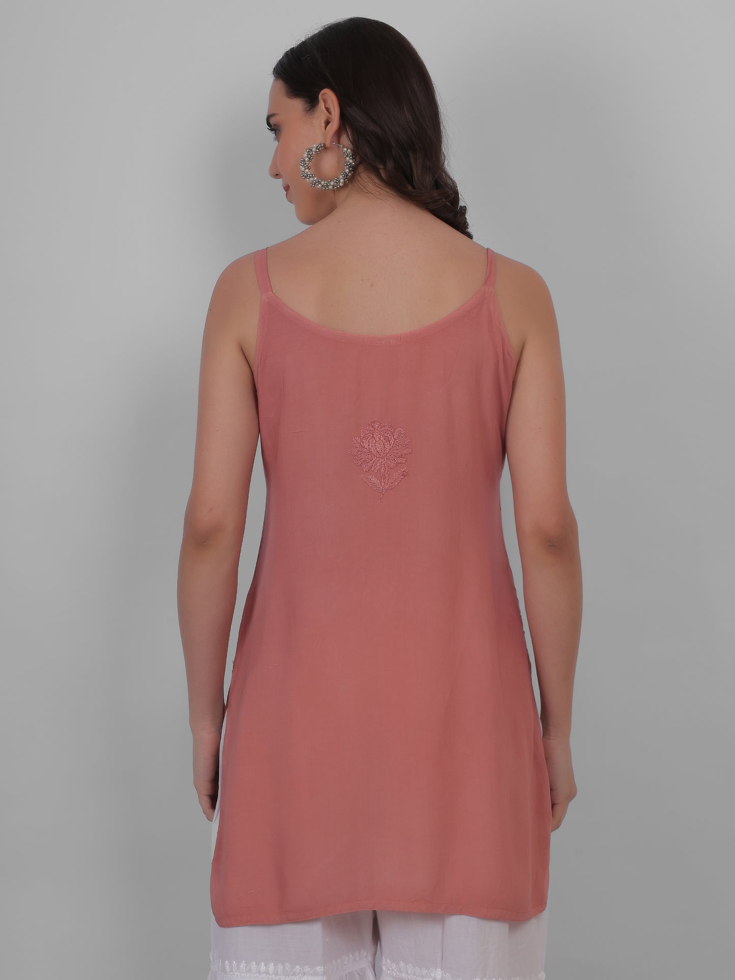 Modal Chikankari Hand Embroidered Noodle Strap Kurti for Women Red, Aqua Blue, Baby Pink, Olive Green & Coral Pink.