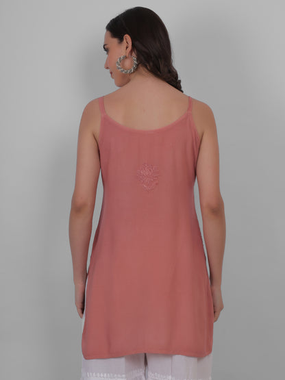 Modal Chikankari Hand Embroidered Noodle Strap Kurti for Women Red, Aqua Blue, Baby Pink, Olive Green & Coral Pink.