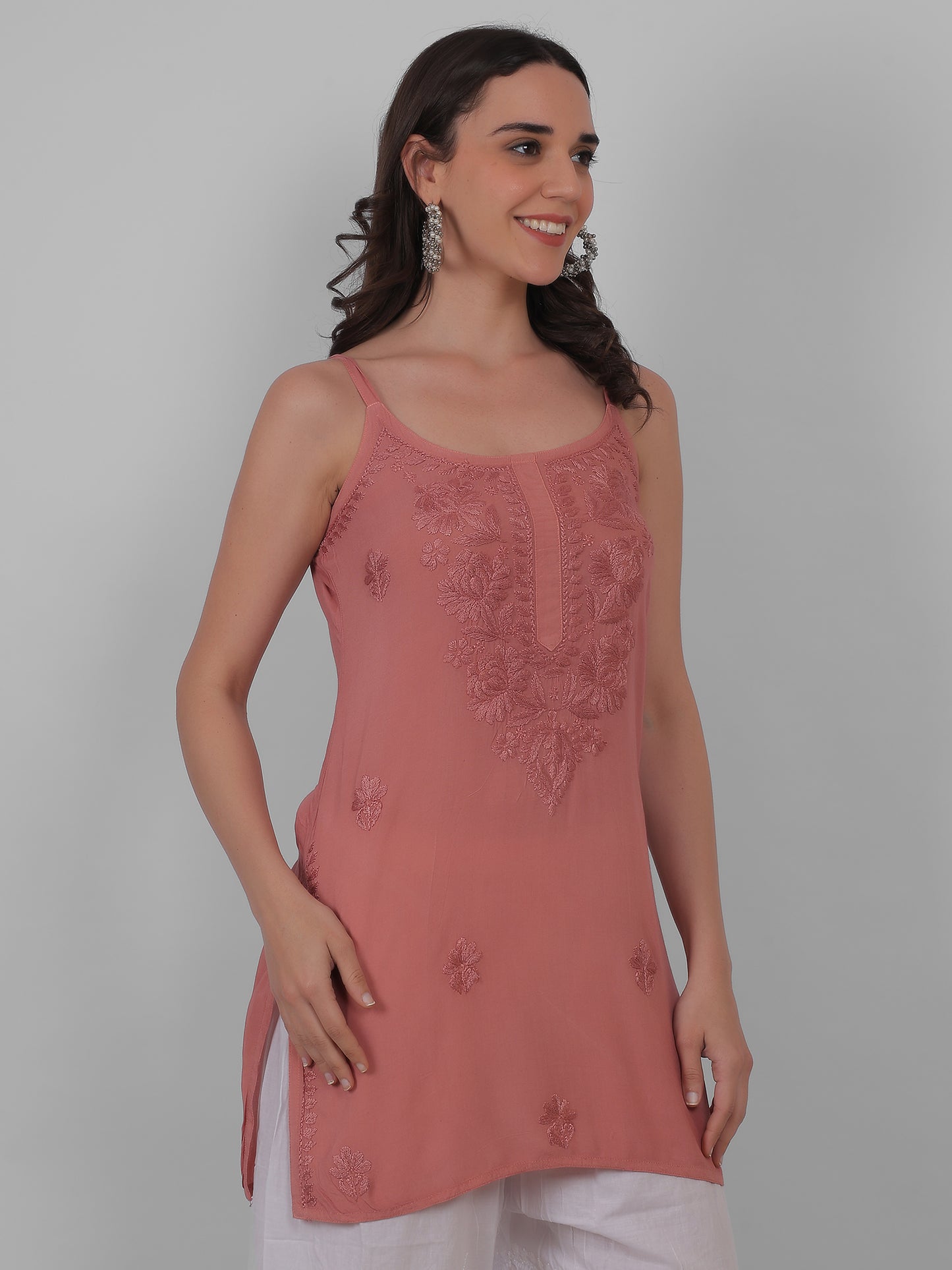 Modal Chikankari Hand Embroidered Noodle Strap Kurti for Women Red, Aqua Blue, Baby Pink, Olive Green & Coral Pink.
