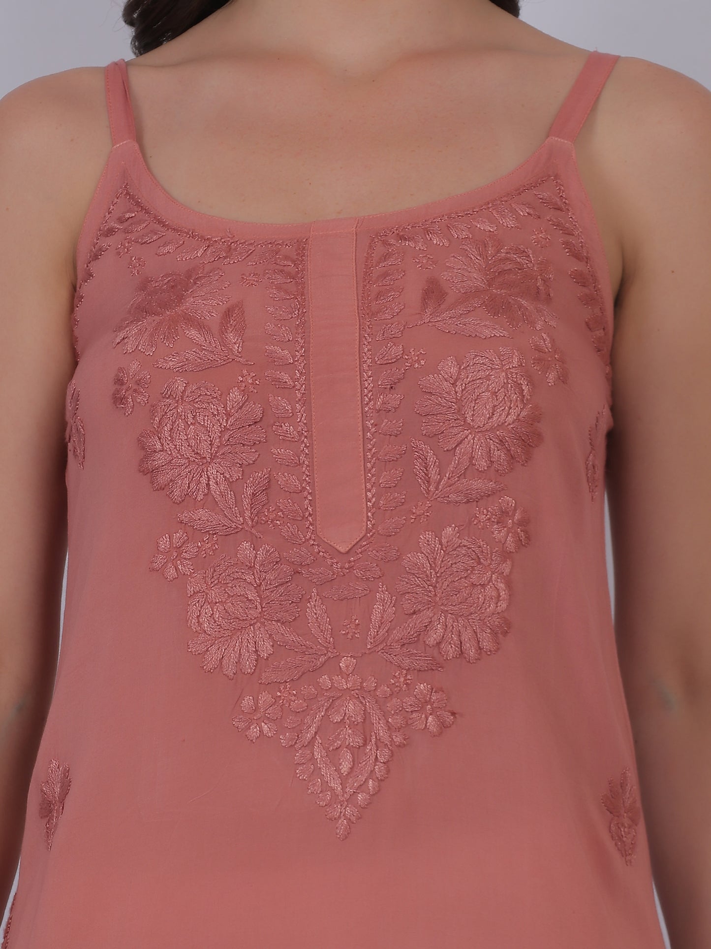 Modal Chikankari Hand Embroidered Noodle Strap Kurti for Women Red, Aqua Blue, Baby Pink, Olive Green & Coral Pink.