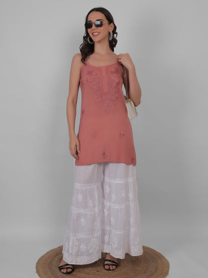 Modal Chikankari Hand Embroidered Noodle Strap Kurti for Women Red, Aqua Blue, Baby Pink, Olive Green & Coral Pink.