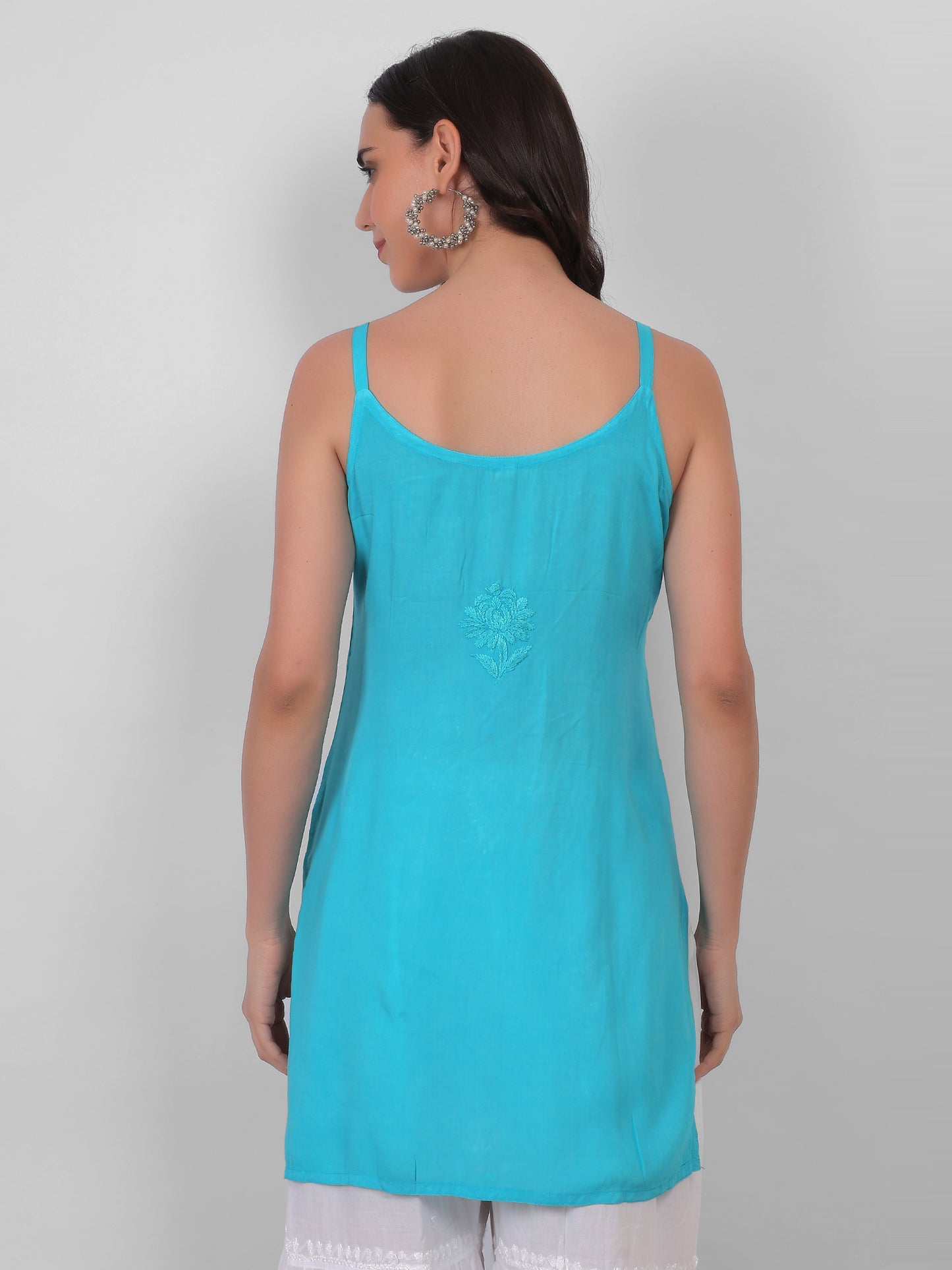 Modal Chikankari Hand Embroidered Noodle Strap Kurti for Women Red, Aqua Blue, Baby Pink, Olive Green & Coral Pink.