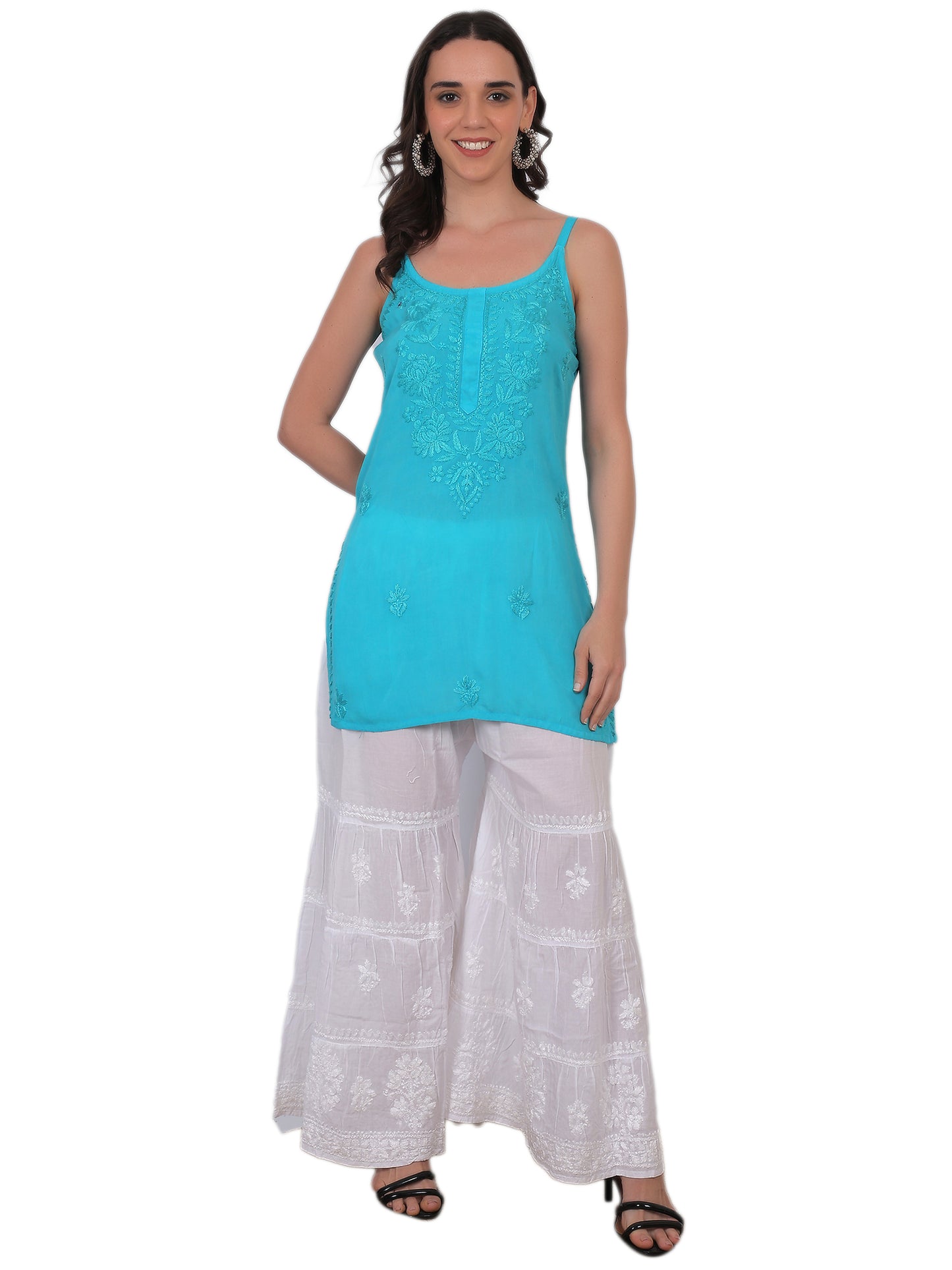 Modal Chikankari Hand Embroidered Noodle Strap Kurti for Women Red, Aqua Blue, Baby Pink, Olive Green & Coral Pink.