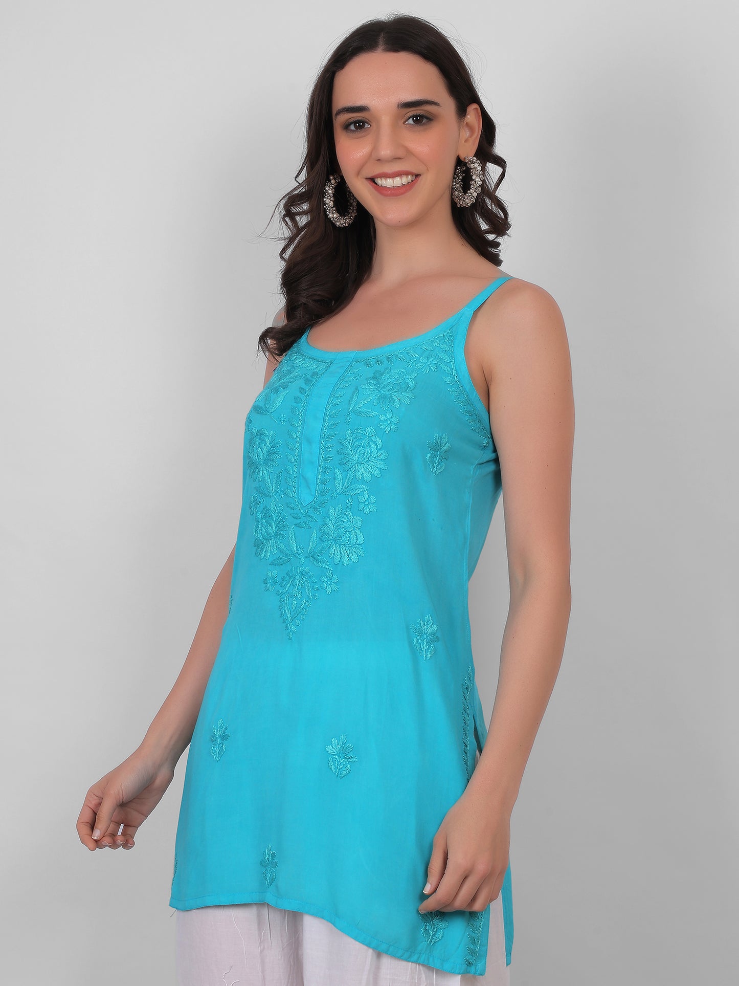 Modal Chikankari Hand Embroidered Noodle Strap Kurti for Women Red, Aqua Blue, Baby Pink, Olive Green & Coral Pink.