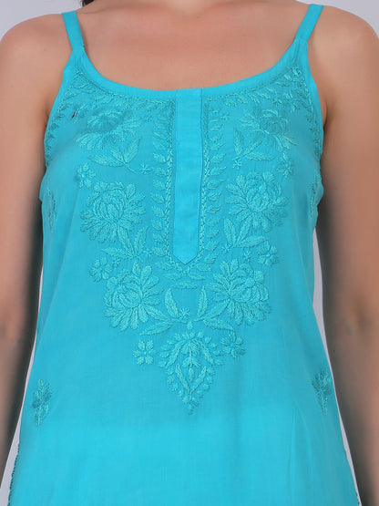 Modal Chikankari Hand Embroidered Noodle Strap Kurti for Women Red, Aqua Blue, Baby Pink, Olive Green & Coral Pink.