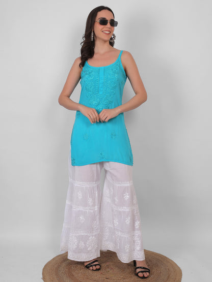 Modal Chikankari Hand Embroidered Noodle Strap Kurti for Women Red, Aqua Blue, Baby Pink, Olive Green & Coral Pink.
