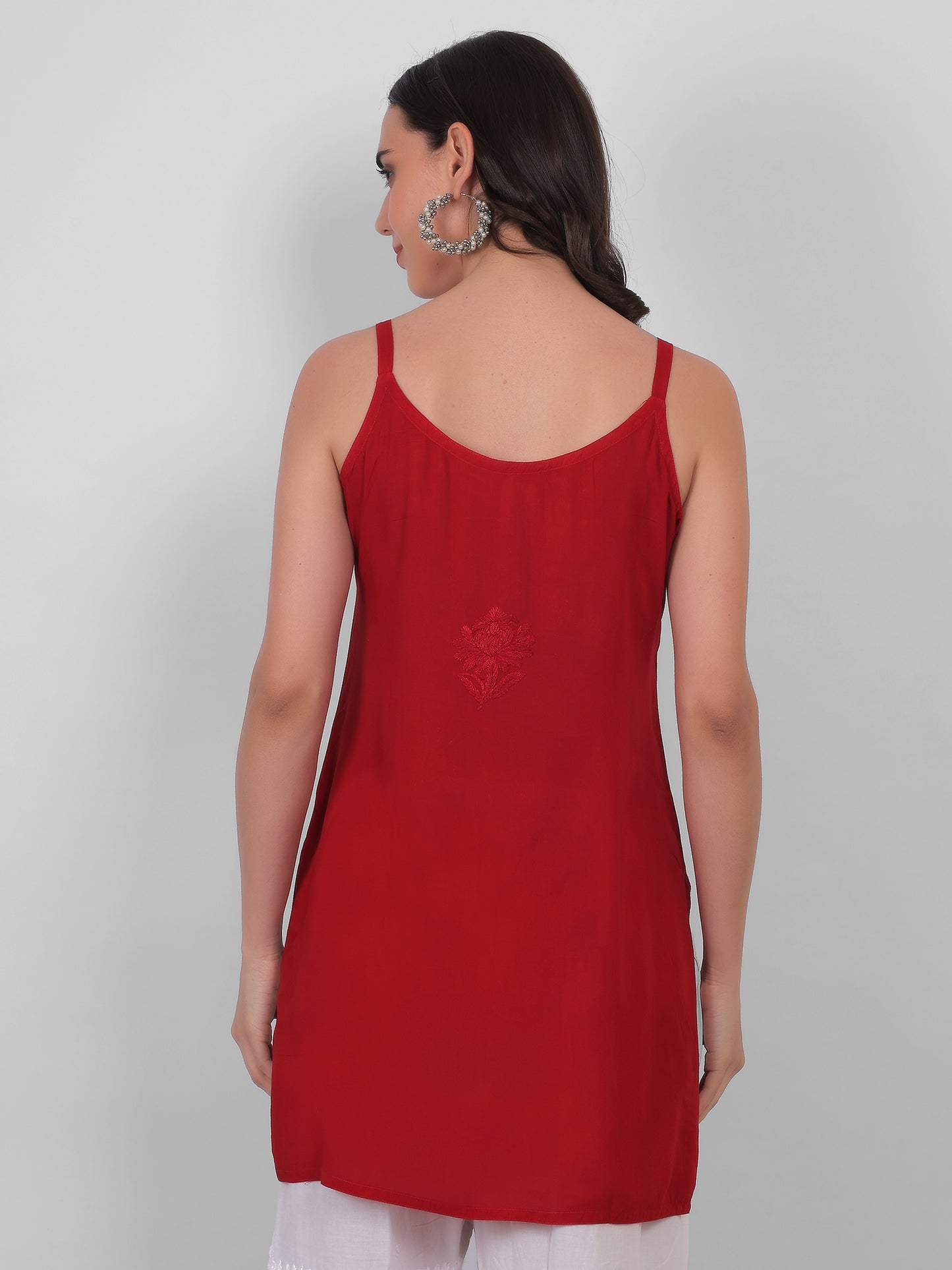 Modal Chikankari Hand Embroidered Noodle Strap Kurti for Women Red, Aqua Blue, Baby Pink, Olive Green & Coral Pink.