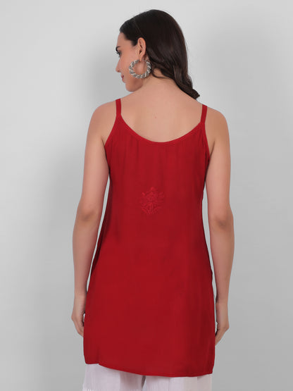 Modal Chikankari Hand Embroidered Noodle Strap Kurti for Women Red, Aqua Blue, Baby Pink, Olive Green & Coral Pink.