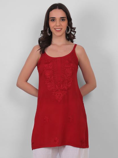 Modal Chikankari Hand Embroidered Noodle Strap Kurti for Women Red, Aqua Blue, Baby Pink, Olive Green & Coral Pink.