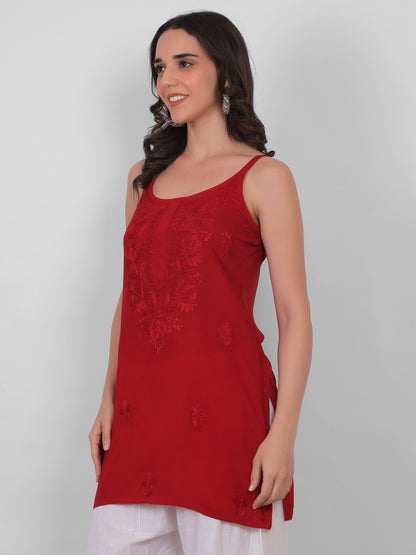 Modal Chikankari Hand Embroidered Noodle Strap Kurti for Women Red, Aqua Blue, Baby Pink, Olive Green & Coral Pink.