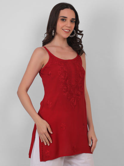 Modal Chikankari Hand Embroidered Noodle Strap Kurti for Women Red, Aqua Blue, Baby Pink, Olive Green & Coral Pink.