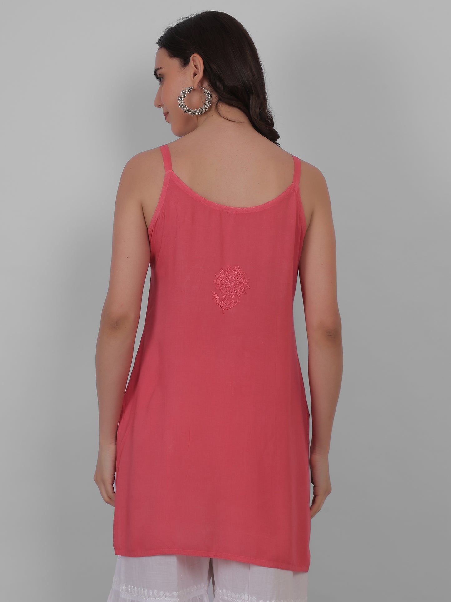 Modal Chikankari Hand Embroidered Noodle Strap Kurti for Women Red, Aqua Blue, Baby Pink, Olive Green & Coral Pink.