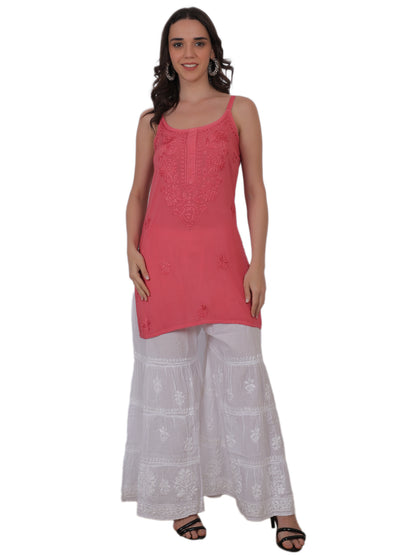 Modal Chikankari Hand Embroidered Noodle Strap Kurti for Women Red, Aqua Blue, Baby Pink, Olive Green & Coral Pink.