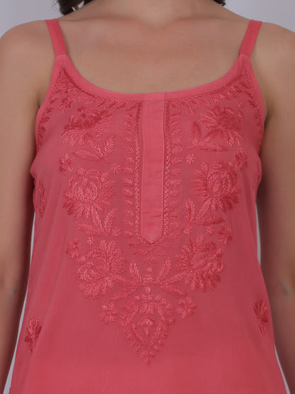 Modal Chikankari Hand Embroidered Noodle Strap Kurti for Women Red, Aqua Blue, Baby Pink, Olive Green & Coral Pink.