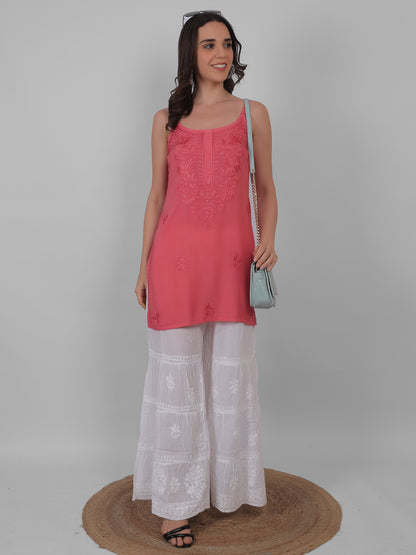 Modal Chikankari Hand Embroidered Noodle Strap Kurti for Women Red, Aqua Blue, Baby Pink, Olive Green & Coral Pink.