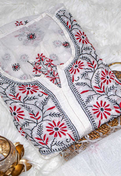 The Chikankari Story Pure Mulmul Chanderi Semi-Stitched Frock Gown with Dupatta: Fine Chikankari Hand Embroidery, Contrast Bakhia Work, and Moti Cut Dana Highlights having 3 meter kurta and 2.5 dupatta.