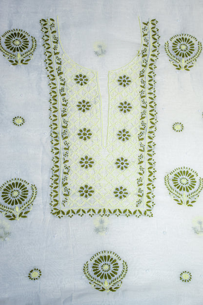 The Chikankari Story Pure Mulmul Chanderi Kurta Dupatta Suit Set: Dyeable with Fine Contrast Chikankari Hand Embroidery, Moti Cut Dana, and Bakhia Work having 3 meter kurta and 2.5 meter dupatta.