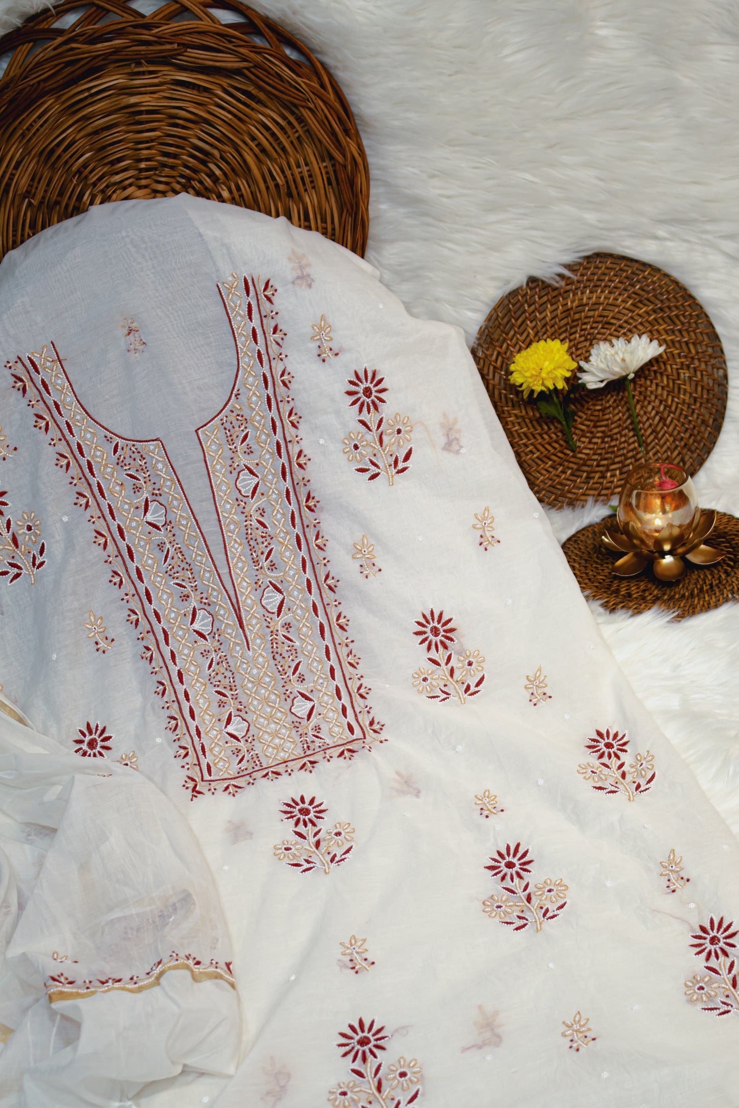 The Chikankari Story Pure Mulmul Chanderi Kurta Dupatta Suit Set: Dyeable with Fine Contrast Chikankari Hand Embroidery, Moti Cut Dana, and Bakhia Work having 3 meter kuta and 2.5 dupatta.