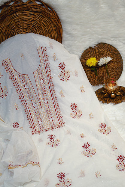 The Chikankari Story Pure Mulmul Chanderi Kurta Dupatta Suit Set: Dyeable with Fine Contrast Chikankari Hand Embroidery, Moti Cut Dana, and Bakhia Work having 3 meter kuta and 2.5 dupatta.