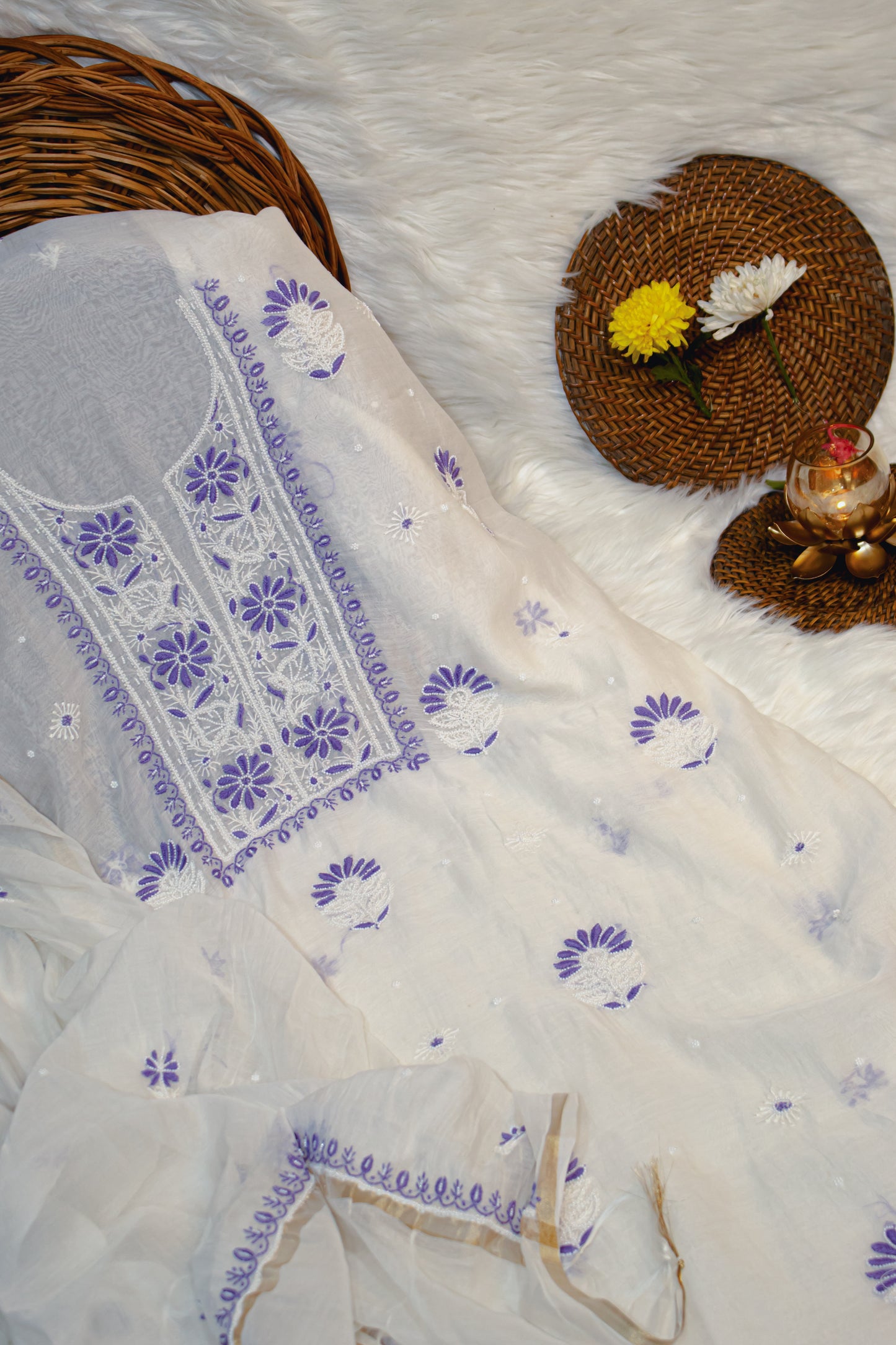 The Chikankari Story Pure Mulmul Chanderi Kurta Dupatta Suit Set: Dyeable with Fine Contrast Chikankari Hand Embroidery, Moti Cut Dana, and Bakhia Work having 3 Meter Kurta & 2.5 Meter dupatta.