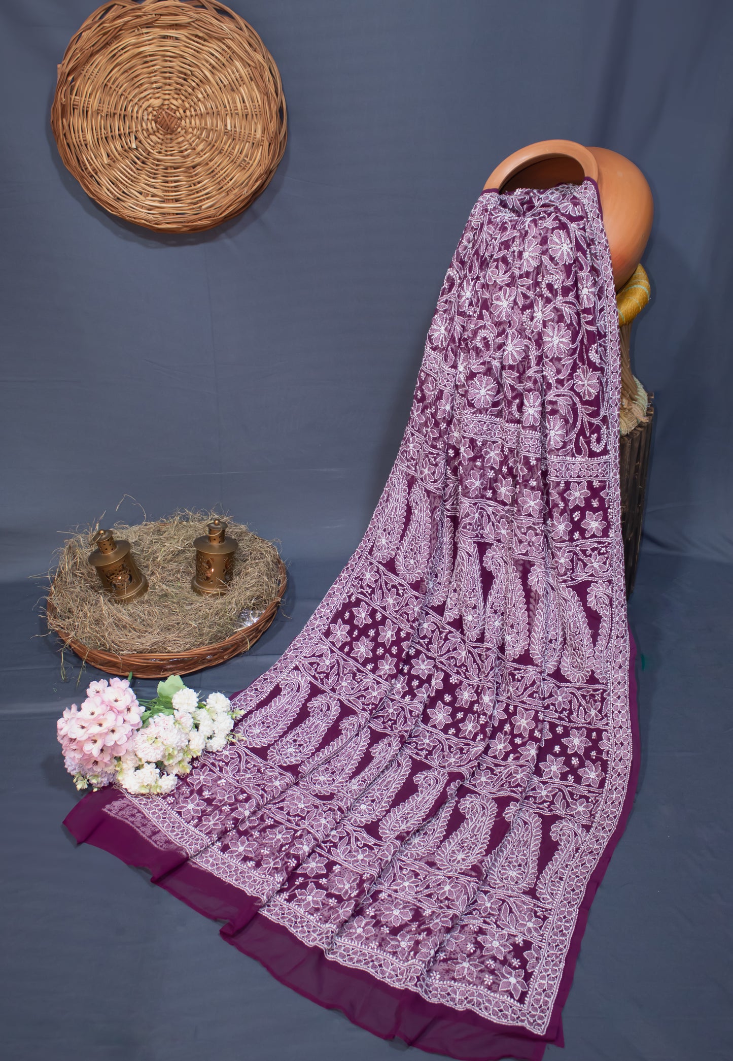 The Chikankari Story Elegant Chikankari Hand Embroidered Georgette Saree with Bakhiya Work – 5.4 Meter Saree with 0.9 Meter Blouse Piece Full Body Embrodery.