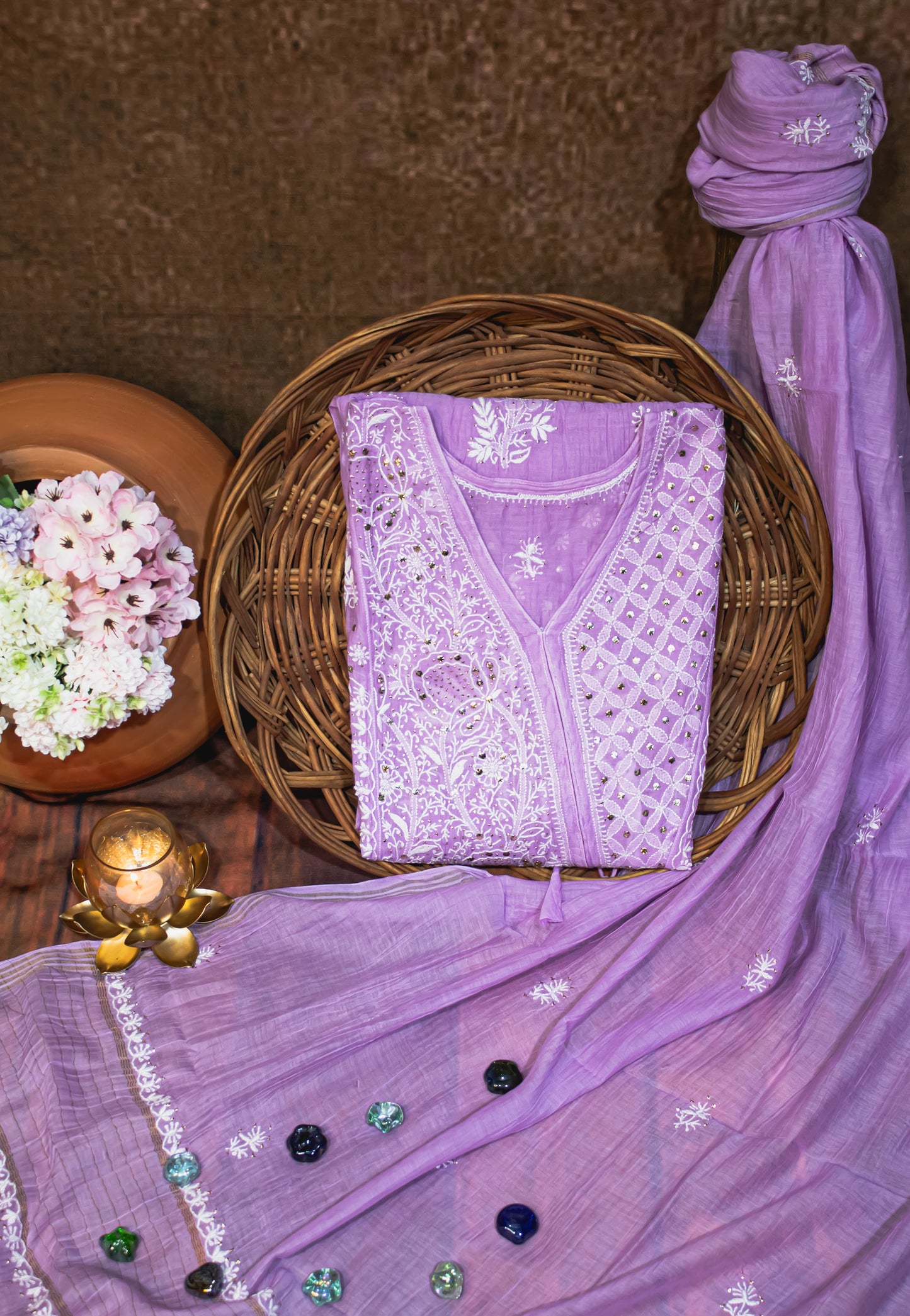 The Chikankari Story Frock and Dupatta Set – Hand Embroidery on Pure Mul Chanderi Fabric with Thread Work, Mukaish Detailing, and Lakhnavi Motifs.