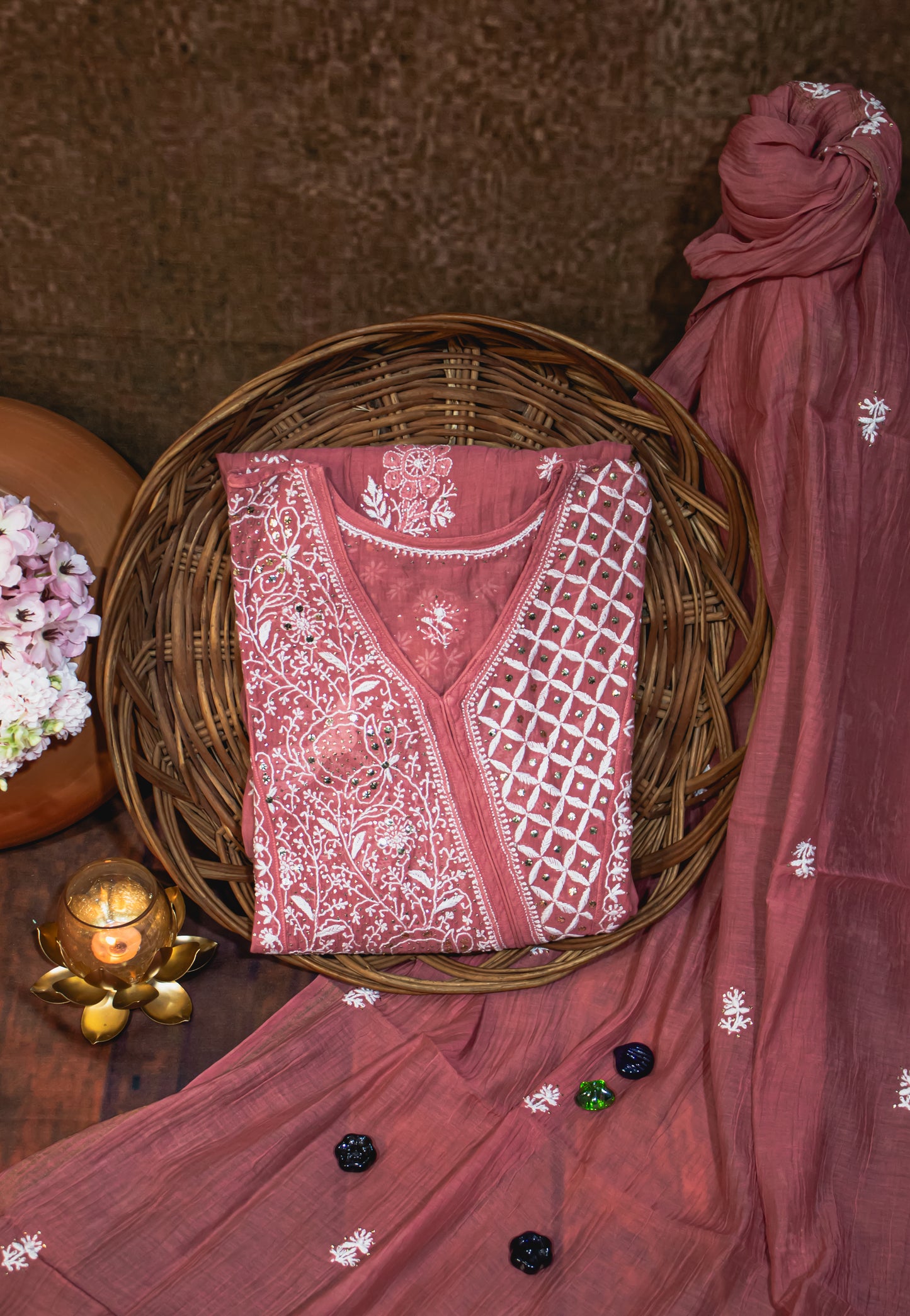 The Chikankari Story Frock and Dupatta Set – Hand Embroidery on Pure Mul Chanderi Fabric with Thread Work, Mukaish Detailing, and Lakhnavi Motifs.