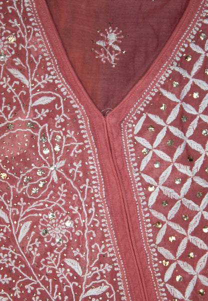 The Chikankari Story Frock and Dupatta Set – Hand Embroidery on Pure Mul Chanderi Fabric with Thread Work, Mukaish Detailing, and Lakhnavi Motifs.