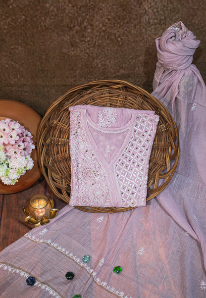 The Chikankari Story Frock and Dupatta Set – Hand Embroidery on Pure Mul Chanderi Fabric with Thread Work, Mukaish Detailing, and Lakhnavi Motifs.