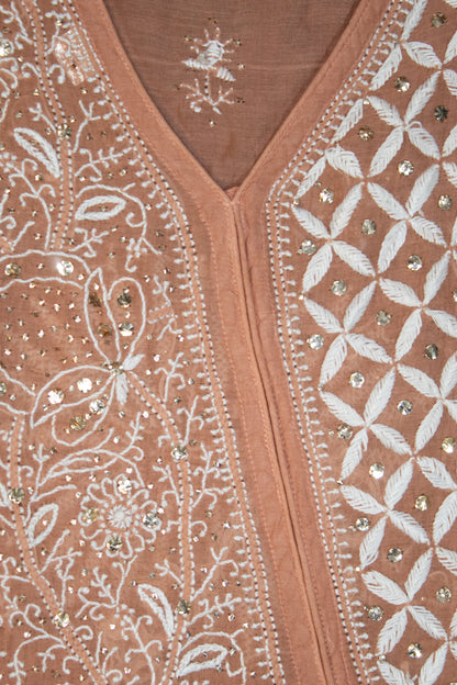 The Chikankari Story Frock and Dupatta Set – Hand Embroidery on Pure Mul Chanderi Fabric with Thread Work, Mukaish Detailing, and Lakhnavi Motifs.