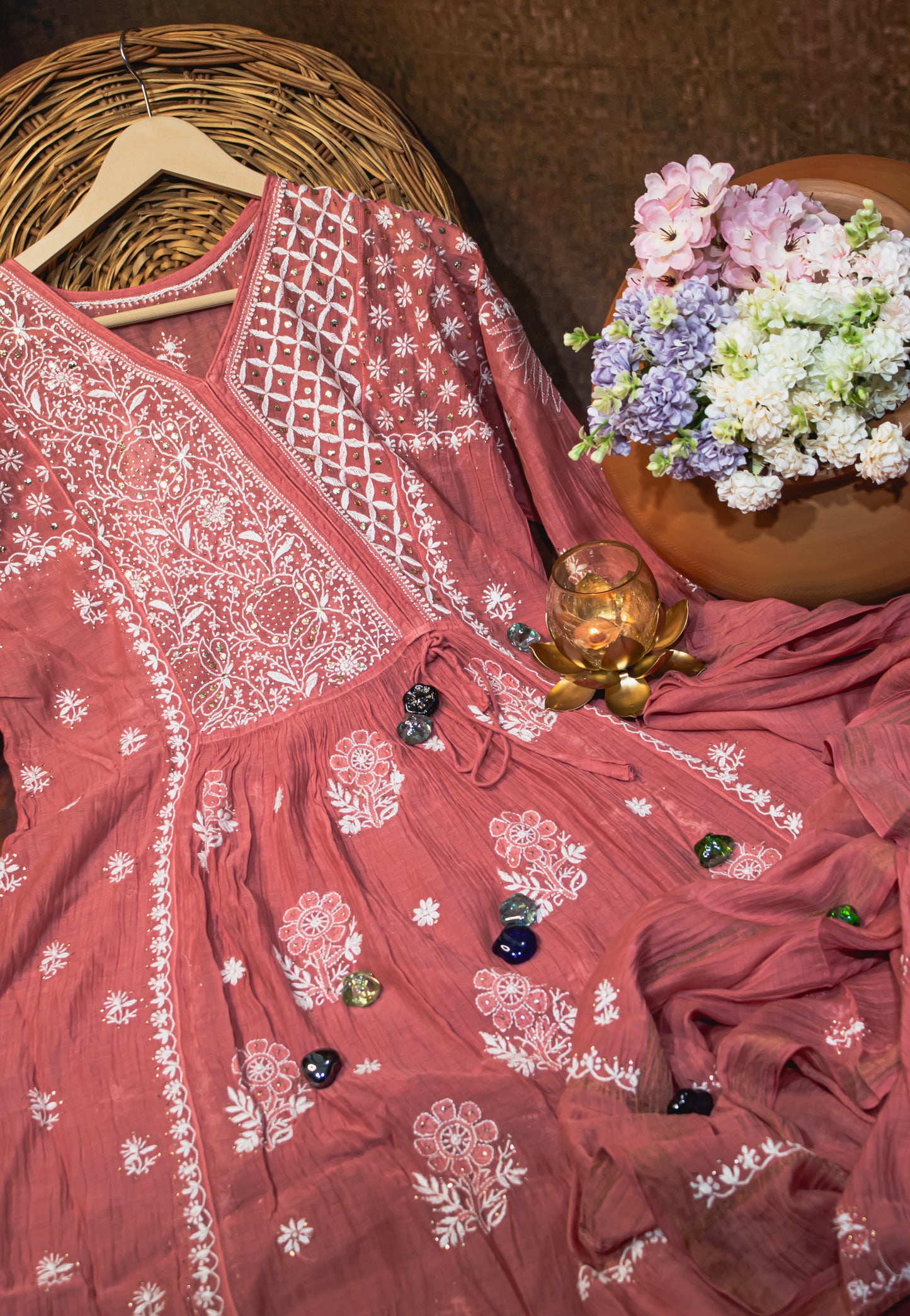 The Chikankari Story Frock and Dupatta Set – Hand Embroidery on Pure Mul Chanderi Fabric with Thread Work, Mukaish Detailing, and Lakhnavi Motifs.