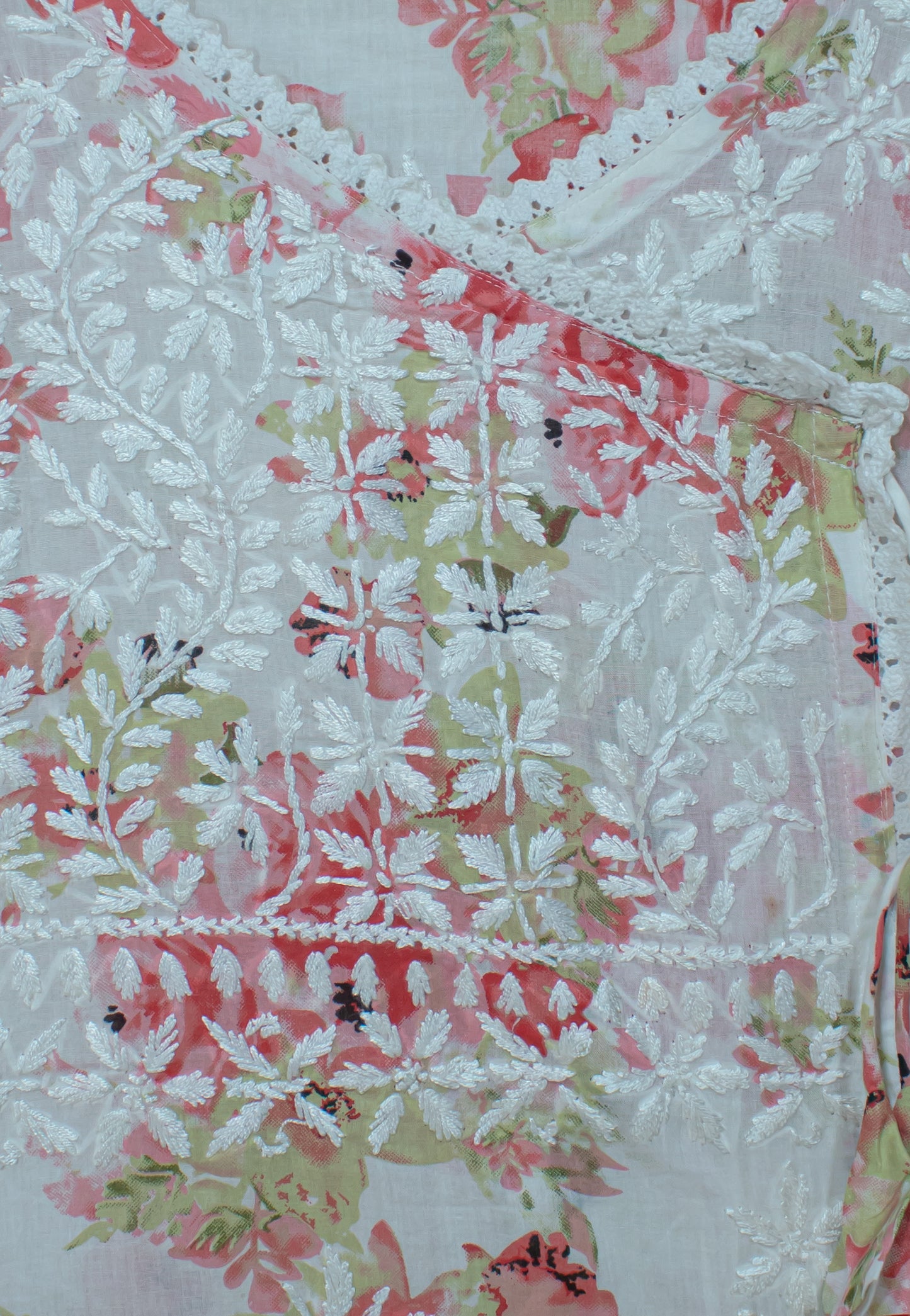 Angrakha Pure Printed Mulmul Fabric with Hand Embroidery - Lakhnavi Angrakha in Four Colors Yellow, pink,red and cyan.